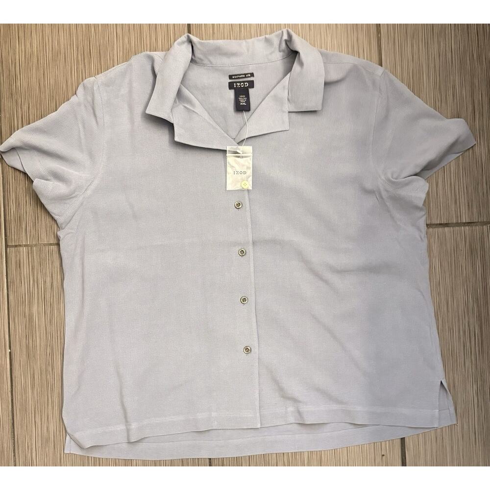 IZOD Women's Blue Washable Silk Short Sleeve Camp Shirt Size XXL Lightweight